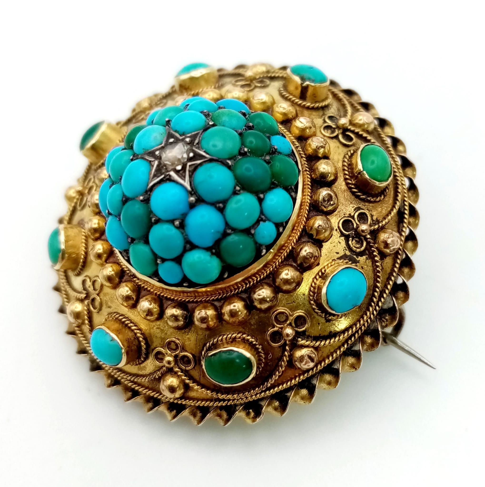 An Early Victorian Turquoise and Diamond Memorial Brooch. Expert craftmanship and rope-twist - Image 2 of 3