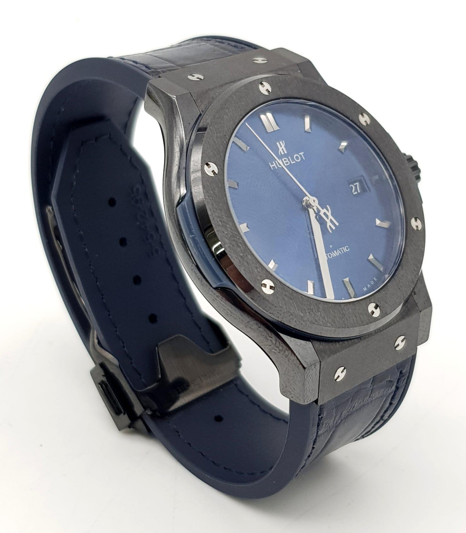 A Hublot Classic Fusion Automatic Gents Watch. Original Hublot blue alligator leather strap. Black - Image 3 of 6