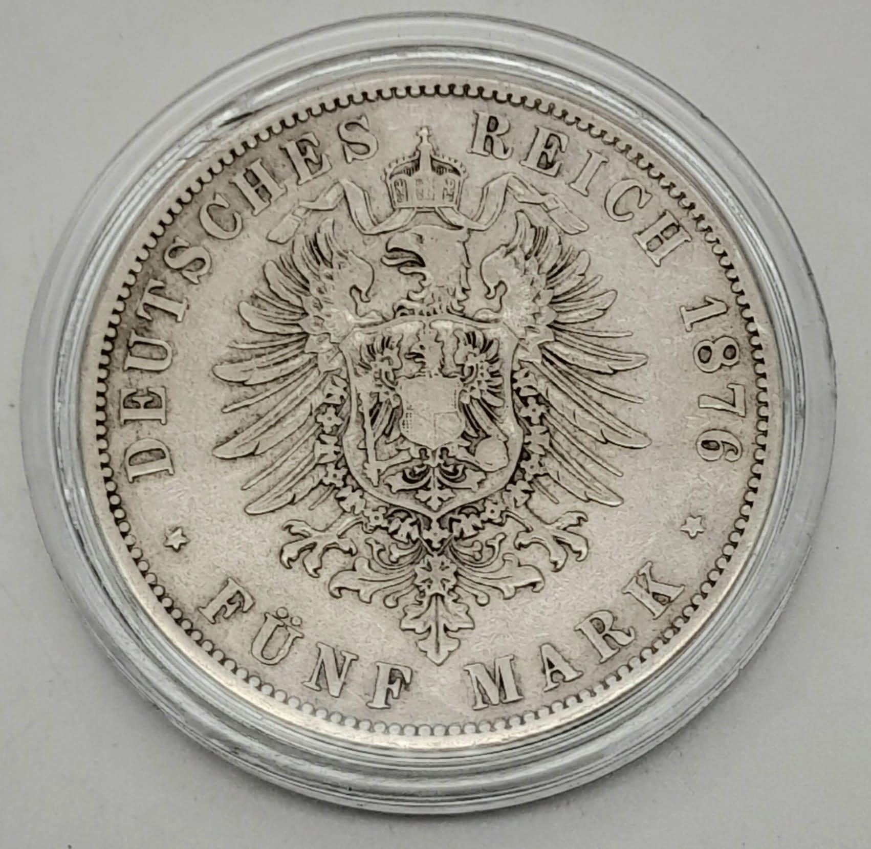 1876 Prussian 5 Mark, Wilhelm II, silver coin, CLEAR DEFINITION, SEE PHOTOS FOR CONDITION.