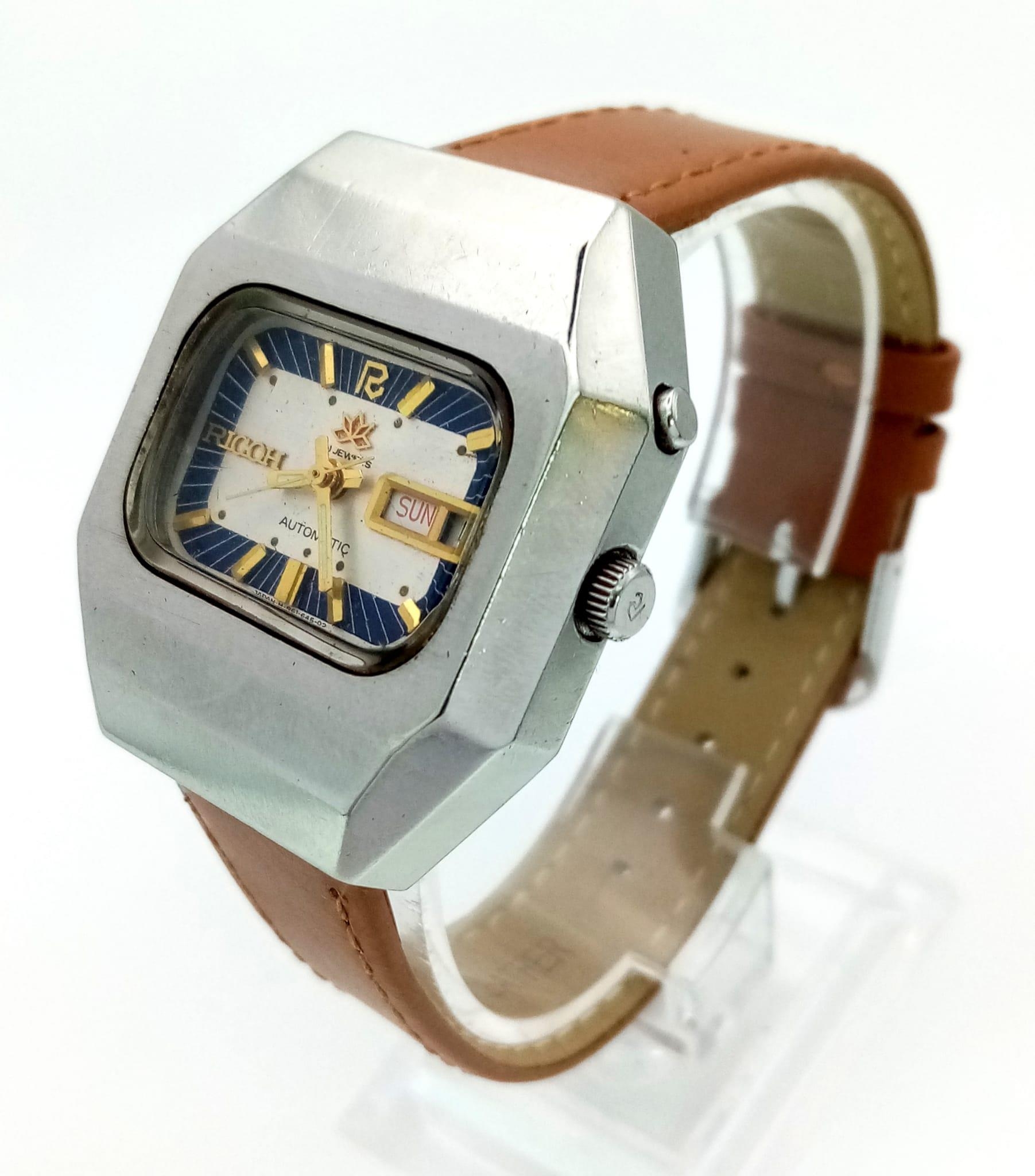 A Rare Vintage Ricoh 21 Jewel Automatic Gents Watch. Brown leather strap. Hexagonal steel case - - Image 2 of 5