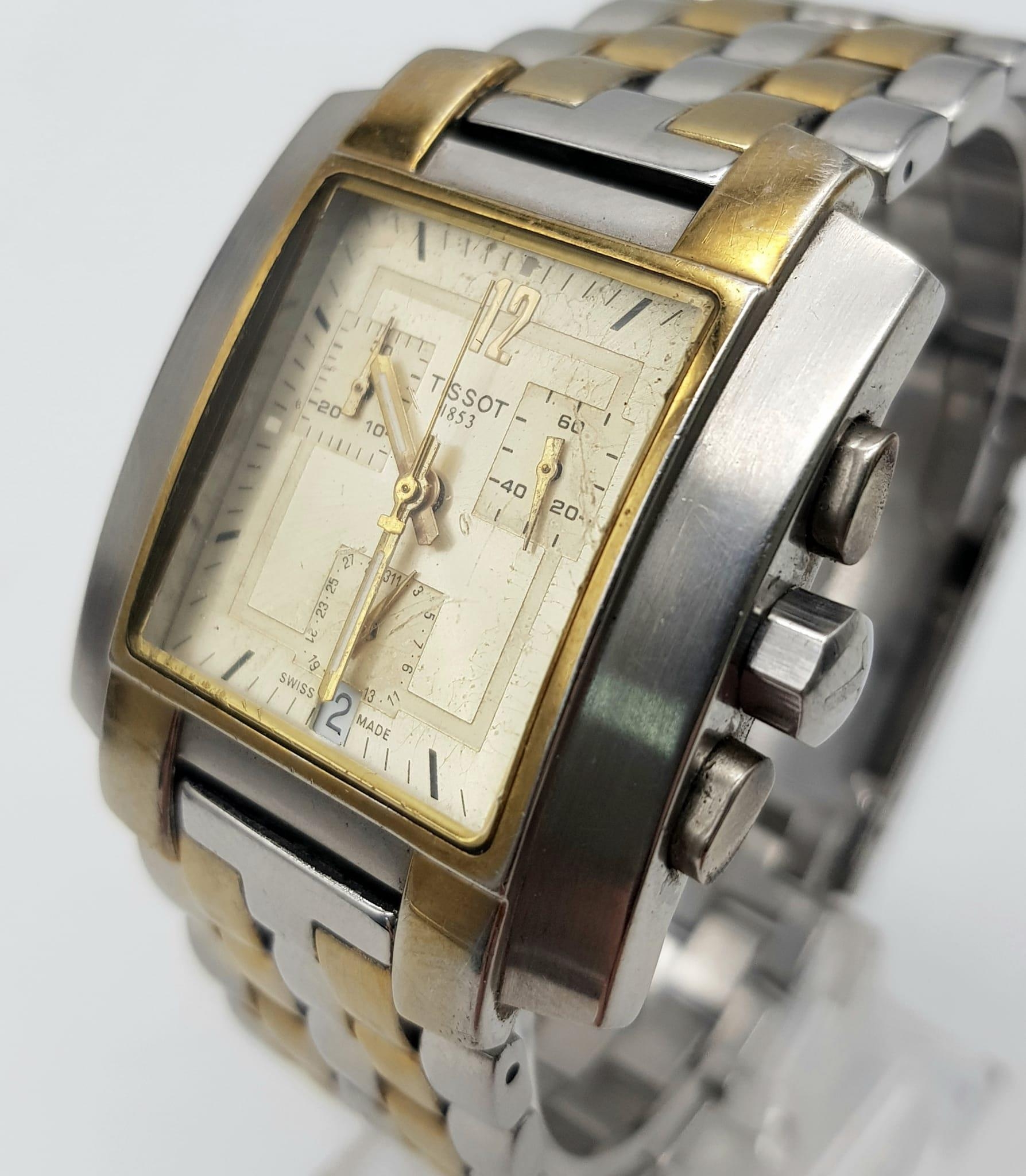 A Tissot 1853 Chronograph Gents Watch. Two-tone strap and case - 35mm. Gold tone dial with three sub - Image 3 of 5