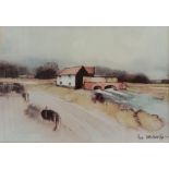 A Hugh Brandon Cox watercolour of a rural river scene, size of frame 46x40cm