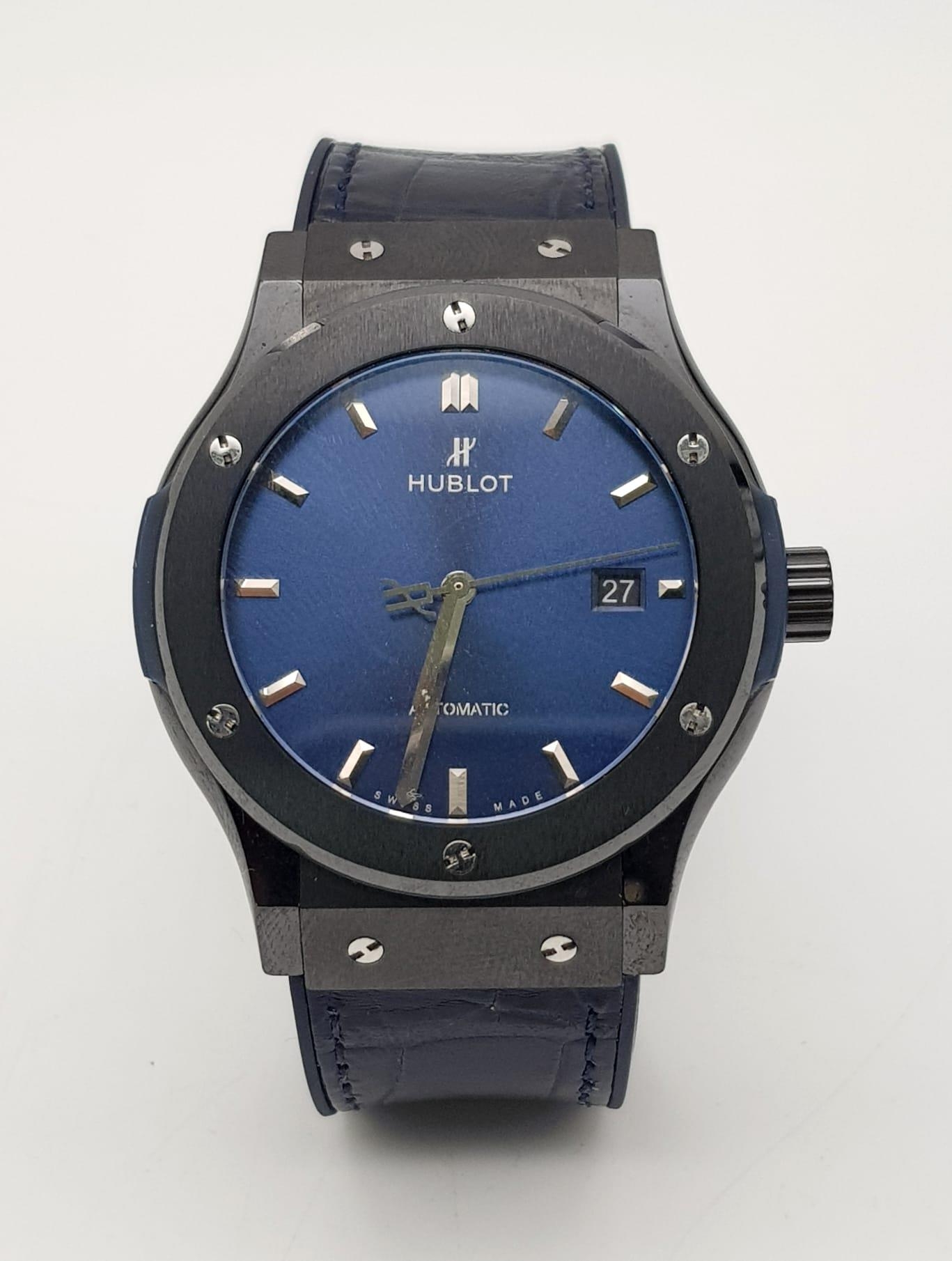 A Hublot Classic Fusion Automatic Gents Watch. Original Hublot blue alligator leather strap. Black