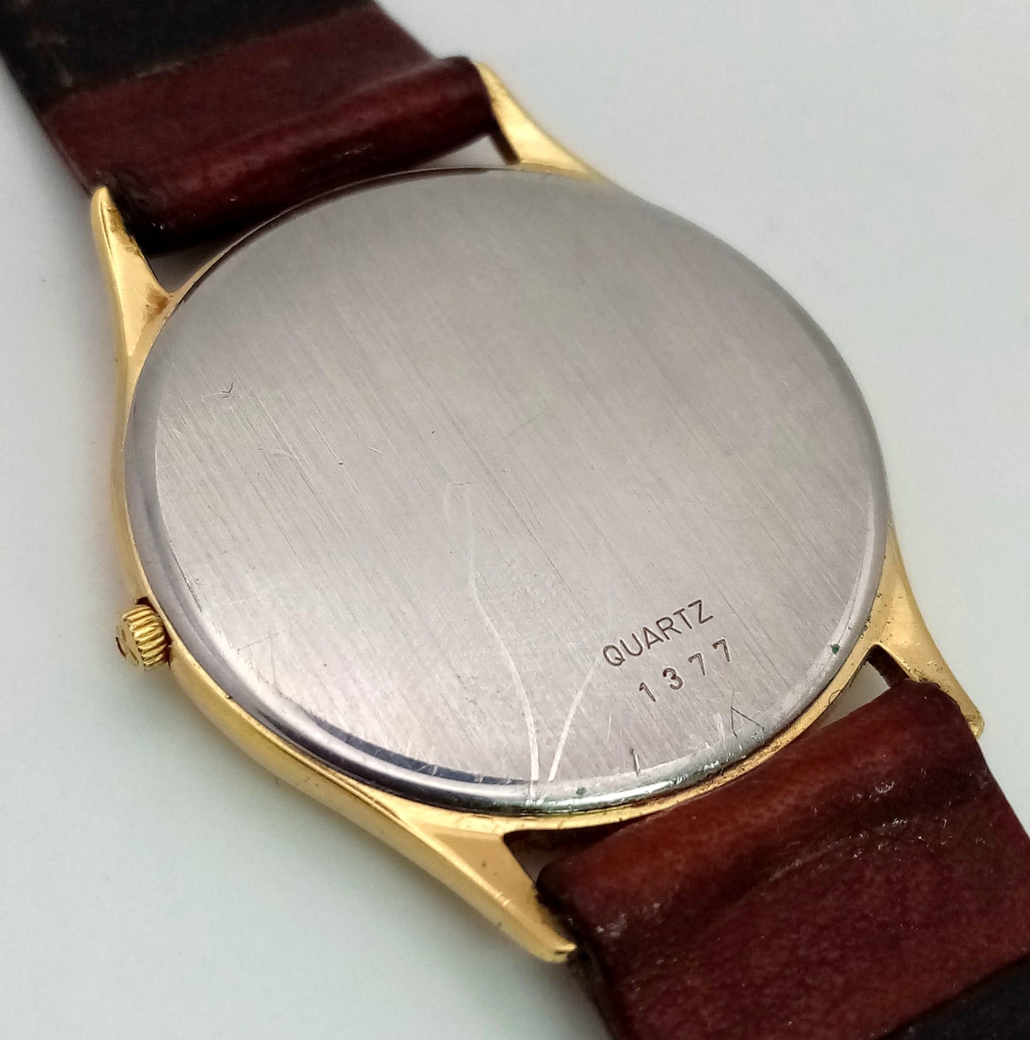 An Omega Deville Quartz Gents Mid-Size watch. Brown leather strap. Two tone case - 30mm. White dial. - Image 3 of 5