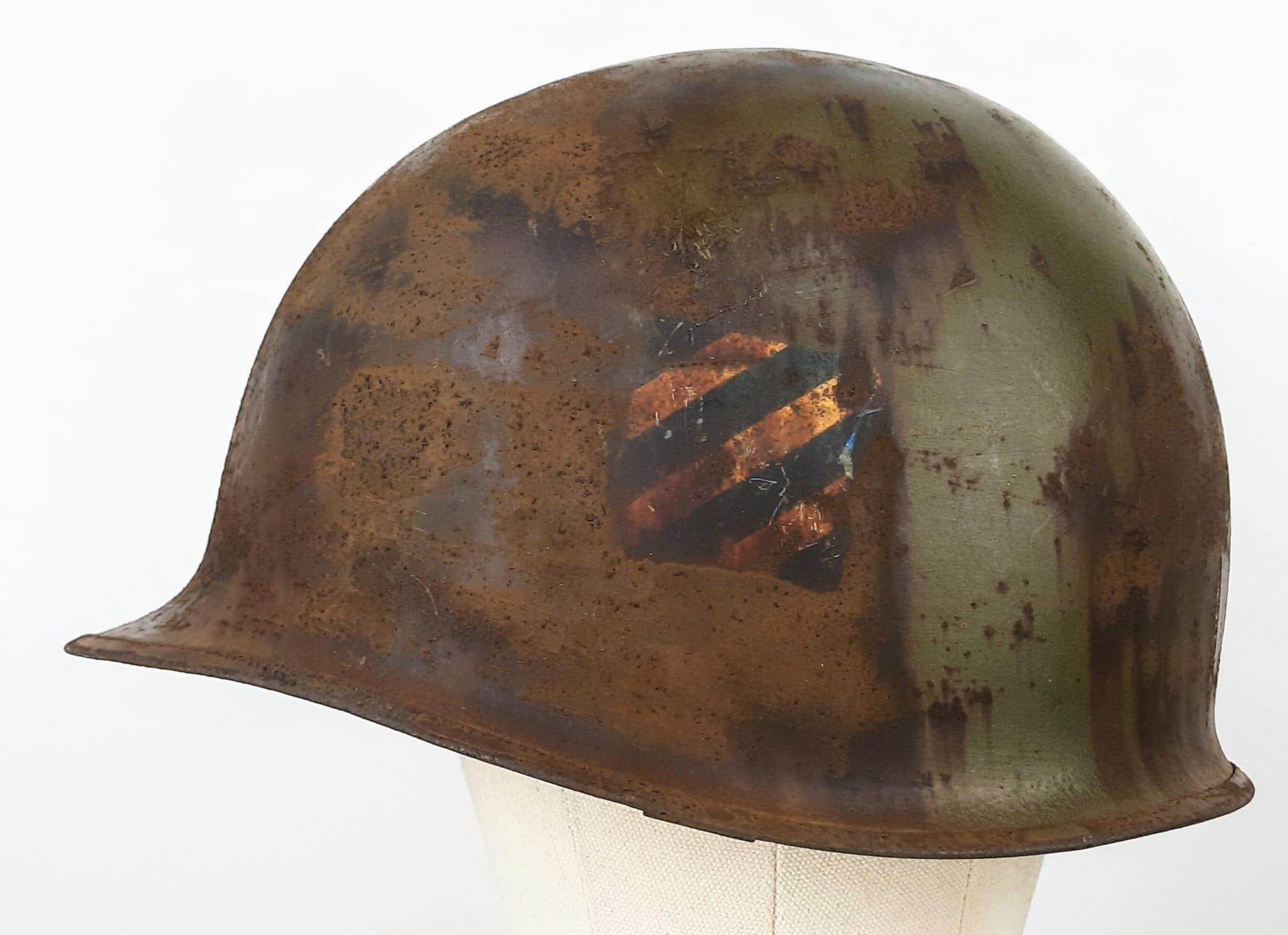 WW2 US Army 3rd Infantry Division Helmet. A swivel bale example retaining a flash of the blue and