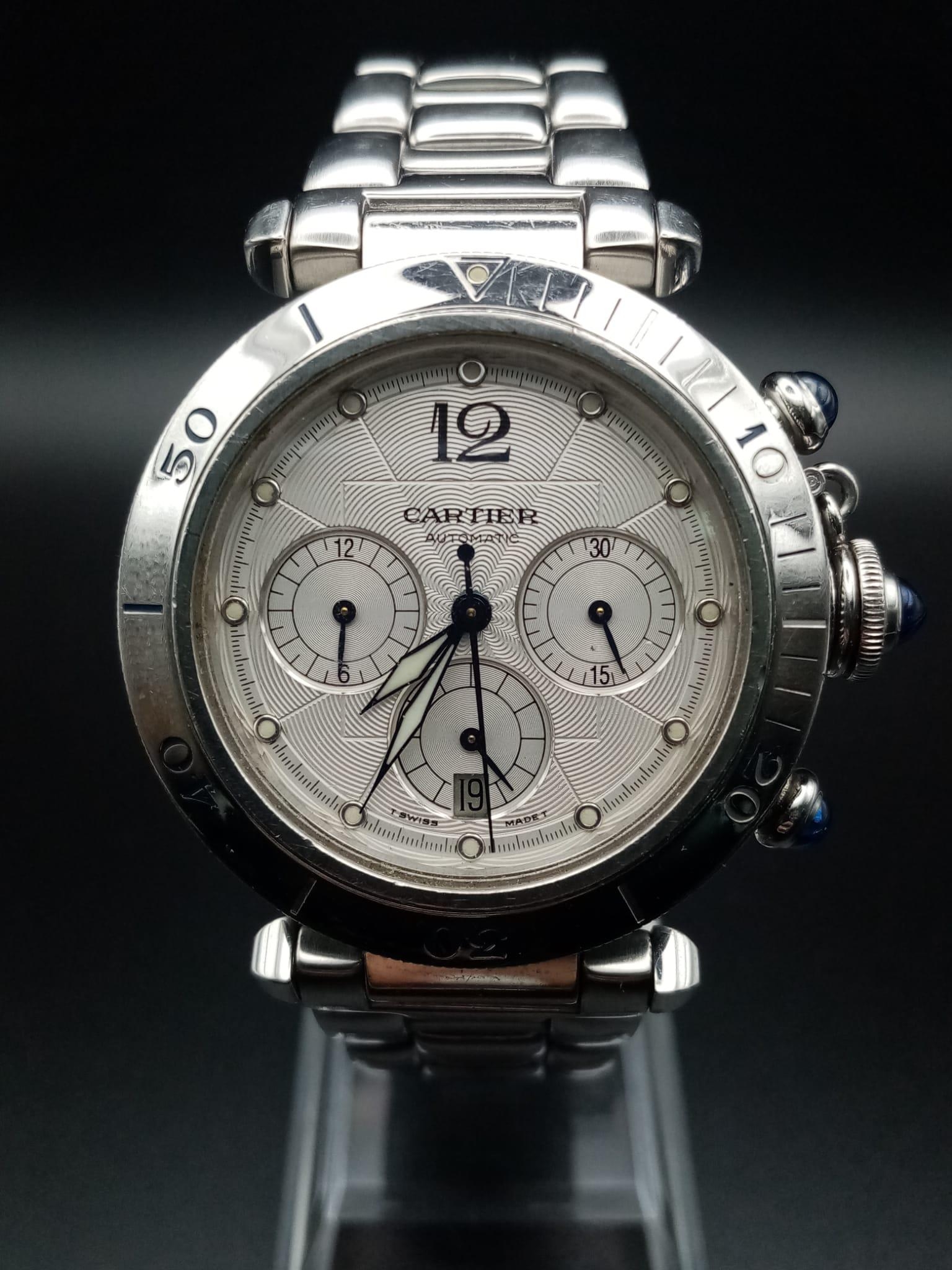 A Cartier Pasha Automatic Gents Chronograph Watch. Stainless steel strap and case - 38mm. White dial