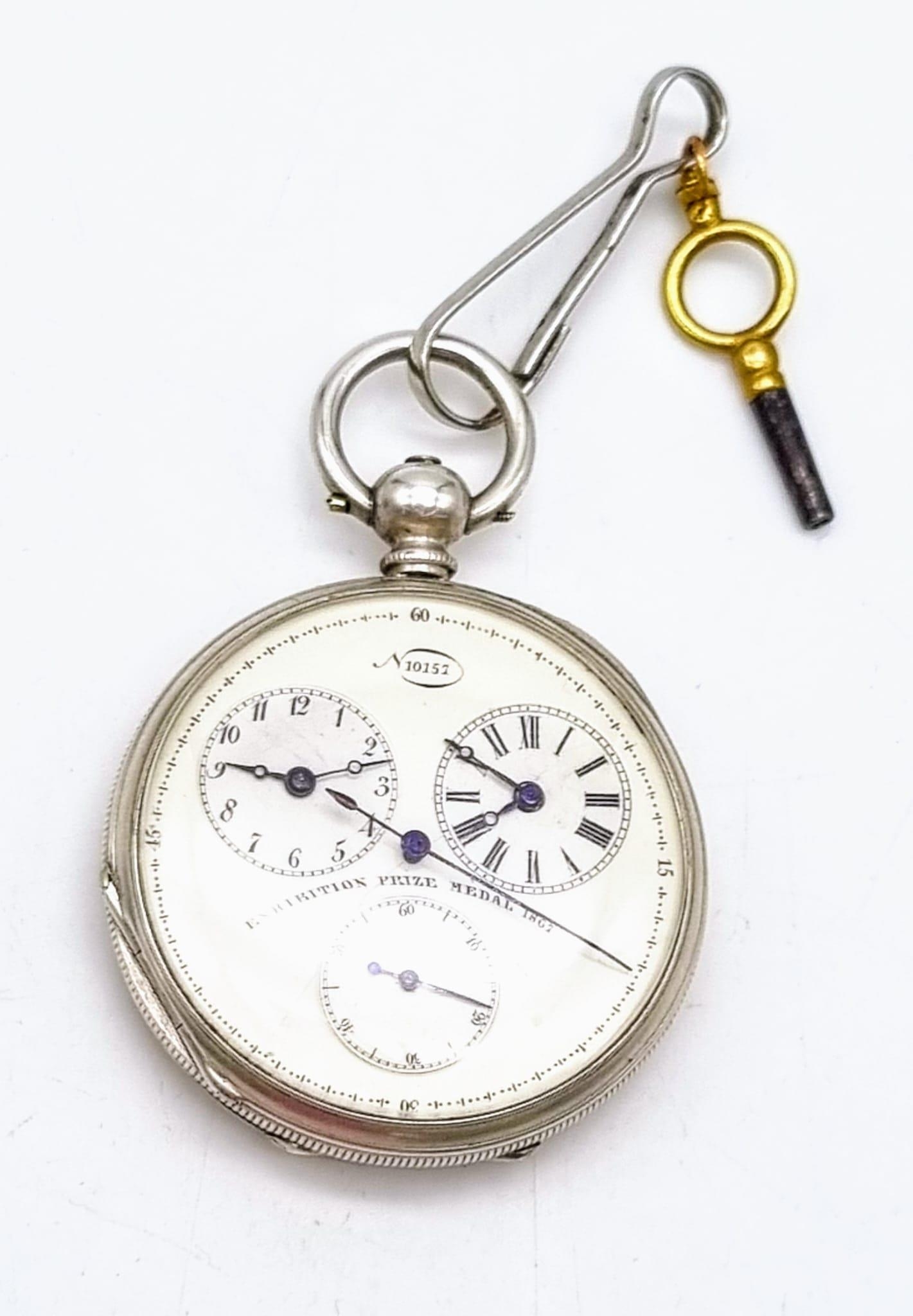 A Fine Silver Antique 1867 Paris Exhibition Prize Medal Chronograph Pocket Watch - N 10157. Three - Image 3 of 6