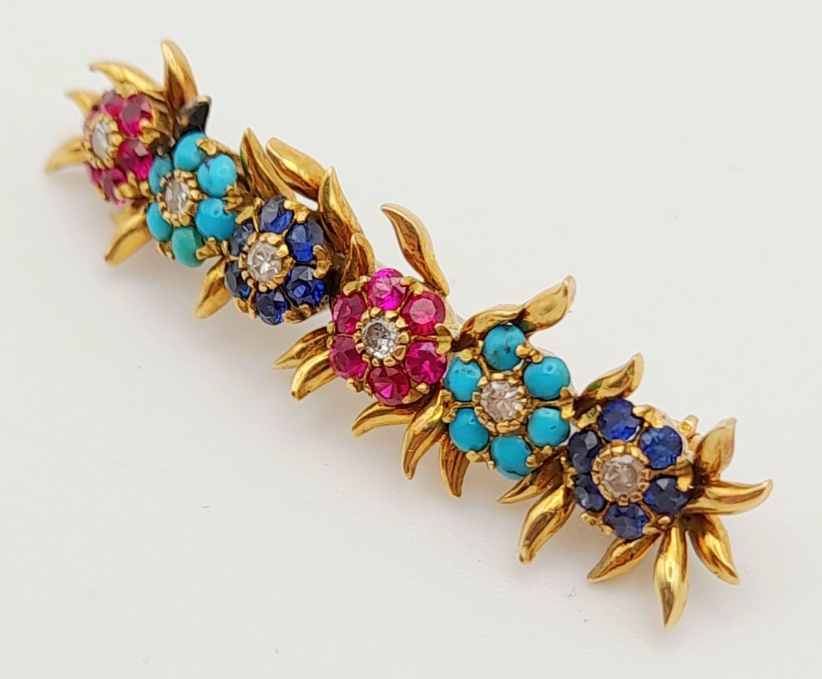 A Beautifully Crafted Antique High Karat Gold, Ruby, Turquoise, Sapphire and Diamond Bar Pin/Brooch. - Image 2 of 7