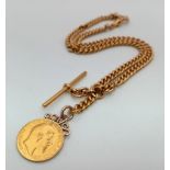 A 1905 22K Gold Half Sovereign on a 9K Yellow Gold Albert Chain - 38cm. 35.52g total weight.