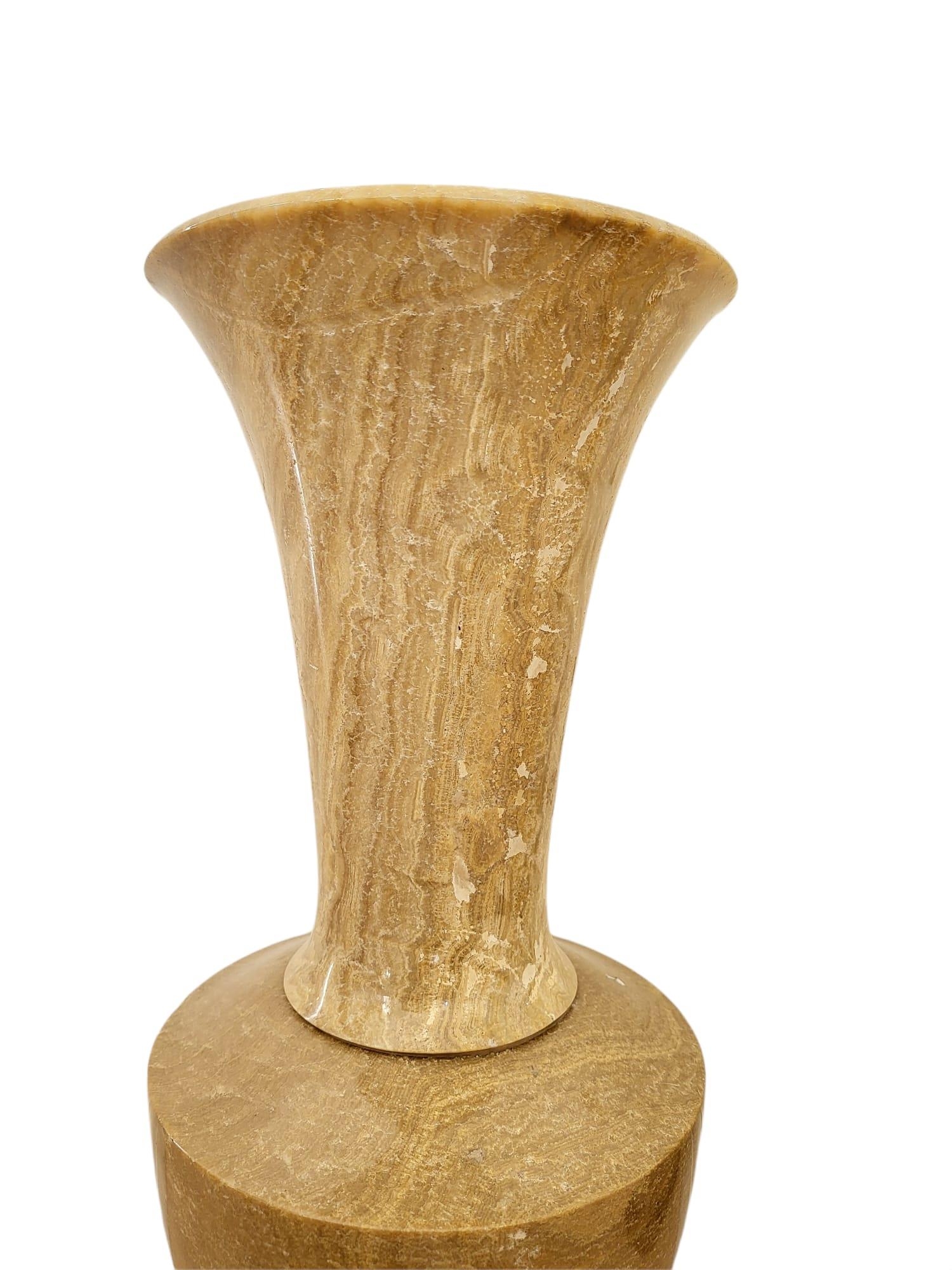 A Pair of Large Beige Polished Stone Vases. Both on dark wooden stands. 56cm tall. 20cm width. - Image 4 of 7