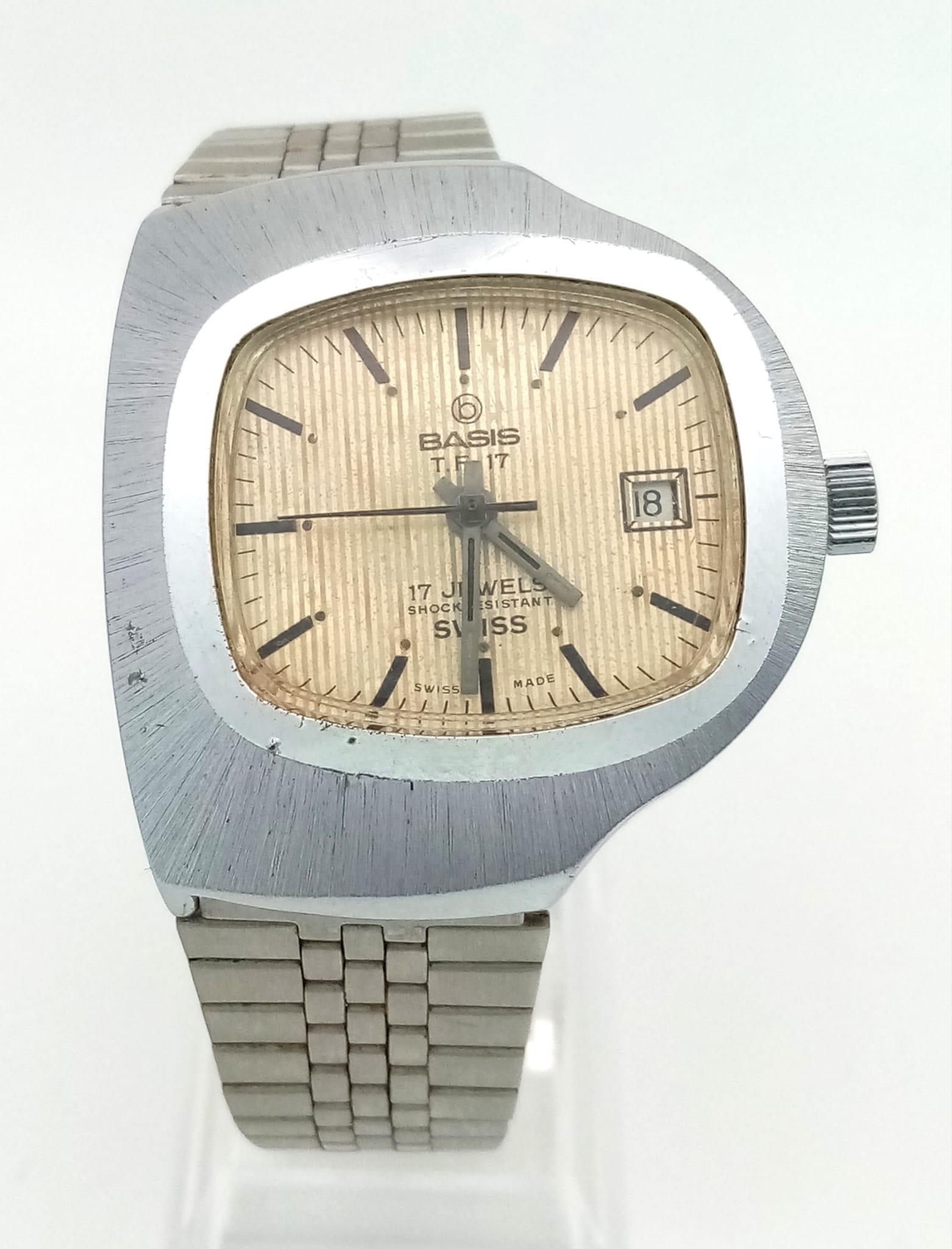 A Rare Vintage Basis T.F. 17 Mechanical Gents Watch. Stainless steel strap and case - 40mm. Gold - Image 2 of 6