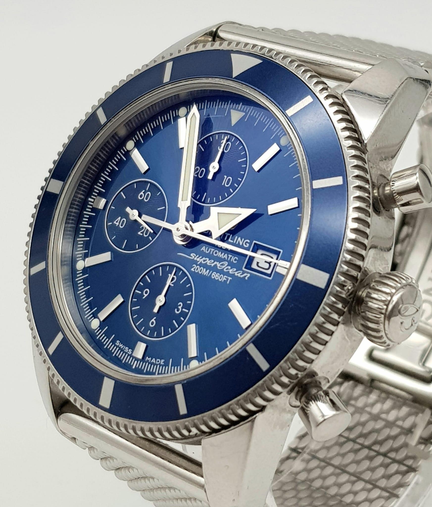 A Breitling Super Ocean Chronograph 200M Gents Diving Watch. Stainless steel mesh strap. Stainless - Image 2 of 7