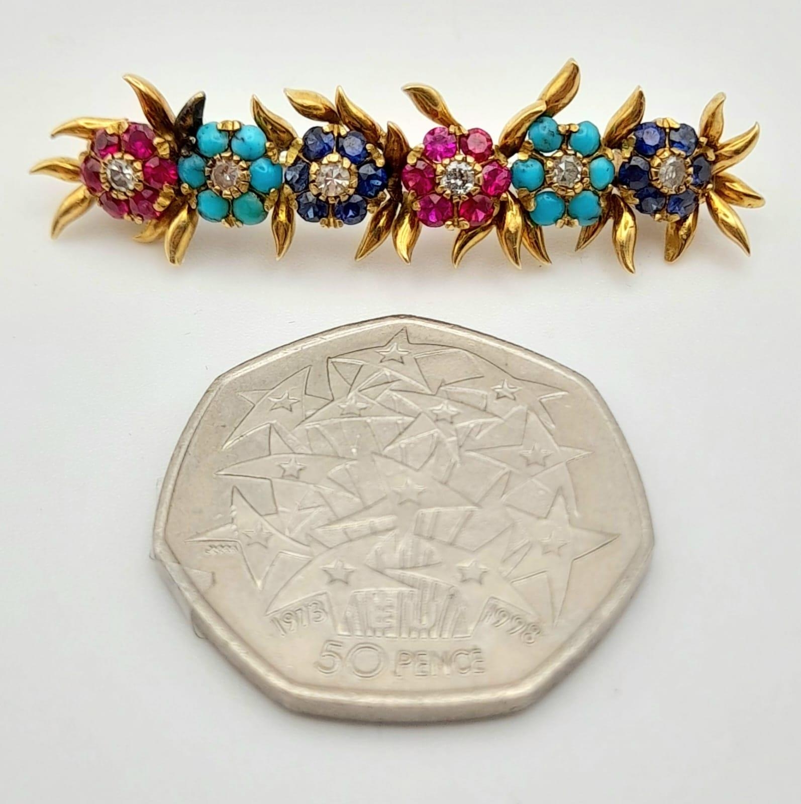 A Beautifully Crafted Antique High Karat Gold, Ruby, Turquoise, Sapphire and Diamond Bar Pin/Brooch. - Image 6 of 7