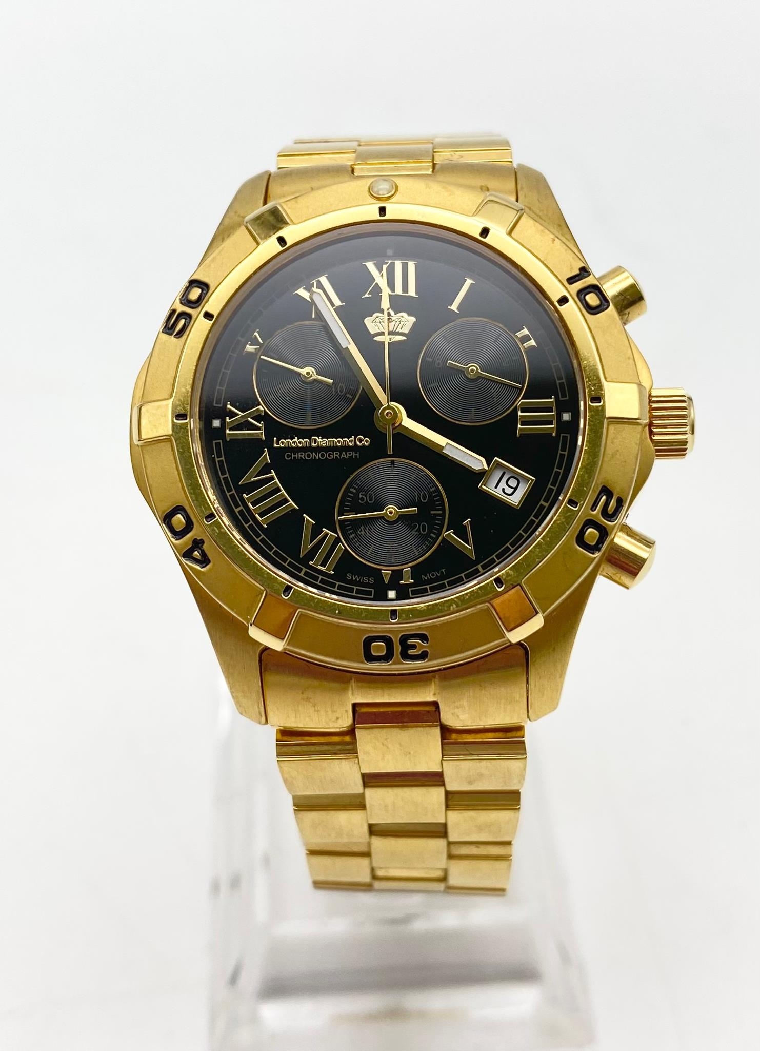 Excellent Condition Limited Edition London Diamond Company 18 carat Gold Plated Chronograph Watch.