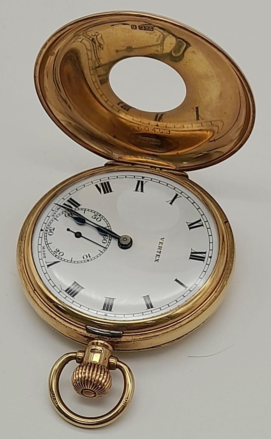 A Vintage Vertex Half Hunter 9K Gold Cased Pocket Watch. Top winder. White dial with sub second