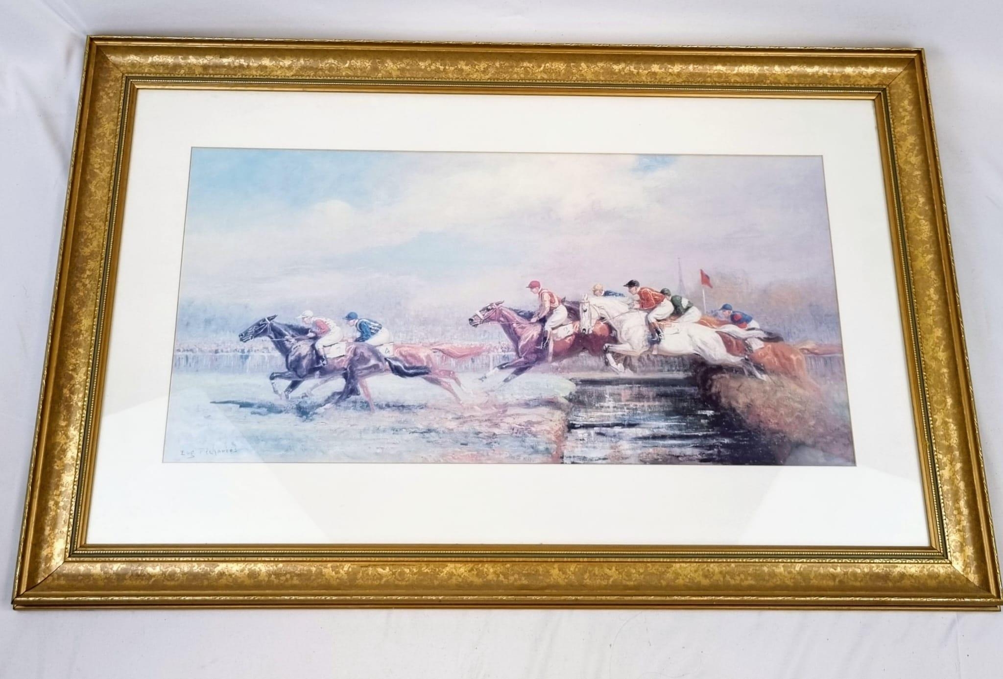 A Wonderful Eugene Pechaubes Horse Racing Print. In gilded frame - 102 x 65cm.