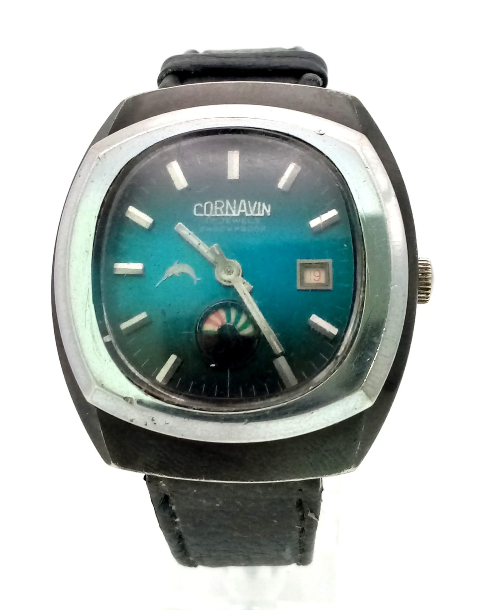 A Rare Cornavin Mystery Watch. Black leather strap. Case - 38mm. Shades of blue dial with date and