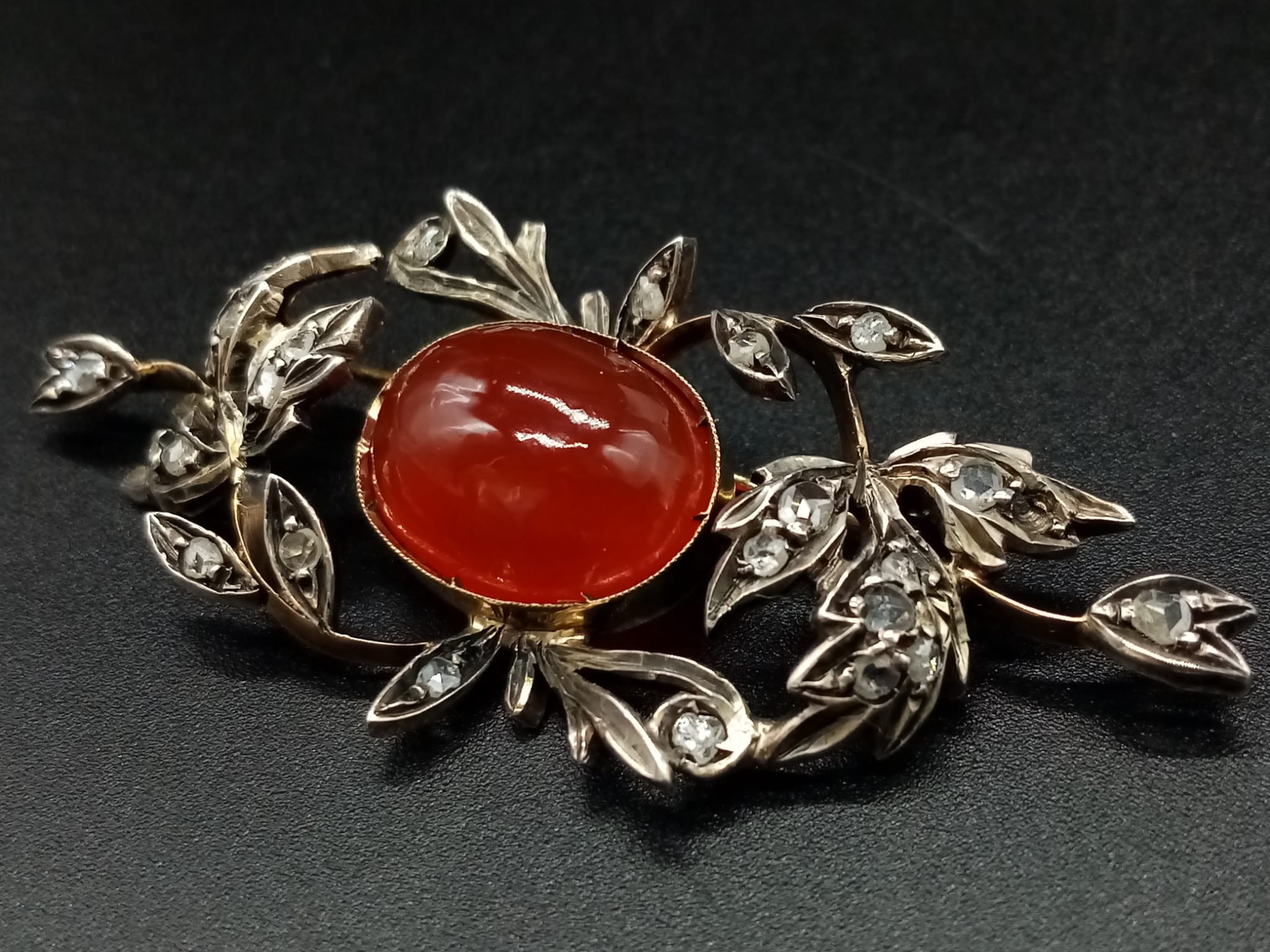 An Antique Victorian 15K Yellow Gold Rose Cut Diamond Carnelian Brooch. Large central cut - Image 7 of 14