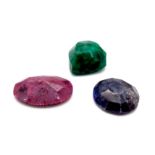 Set of 3 Very Large Gems - Oval 123ct Ruby, Round 103ct Sapphire, 201ct Pear Shaped Emerald all with