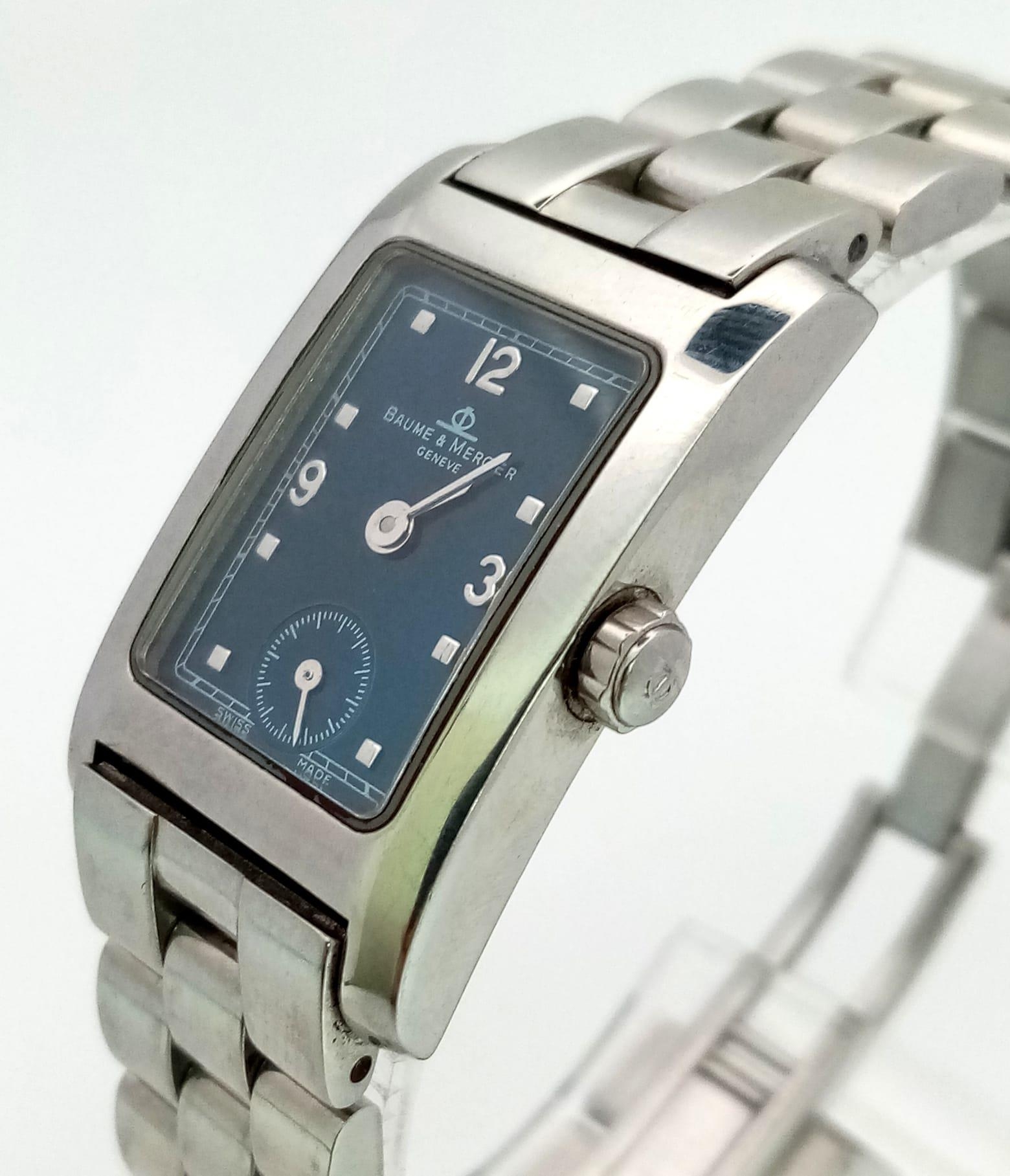 A Baume and Mercier Quartz Ladies Watch. Stainless steel strap and case - 20mm. Ice blue dial with - Image 2 of 5