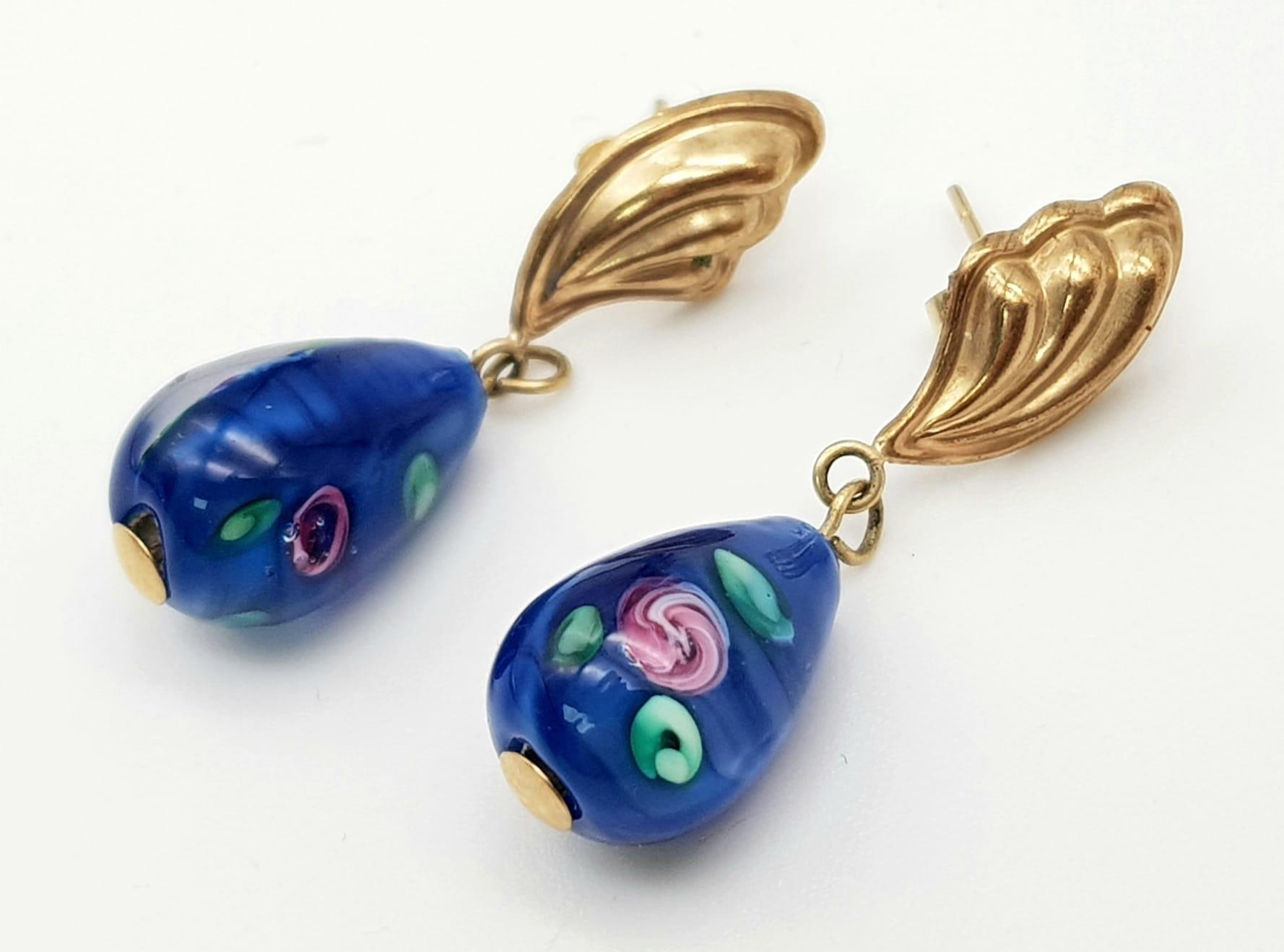 A Vintage Fancy Pair of 9K Yellow Gold and Blue Decorated Enamel Teardrop Earrings. 4.13g total
