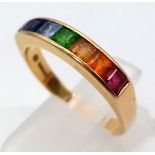 A Beautiful 18K Yellow Gold Multi-Coloured Gemstone Ring. Including ruby, emerald, sapphire, topaz