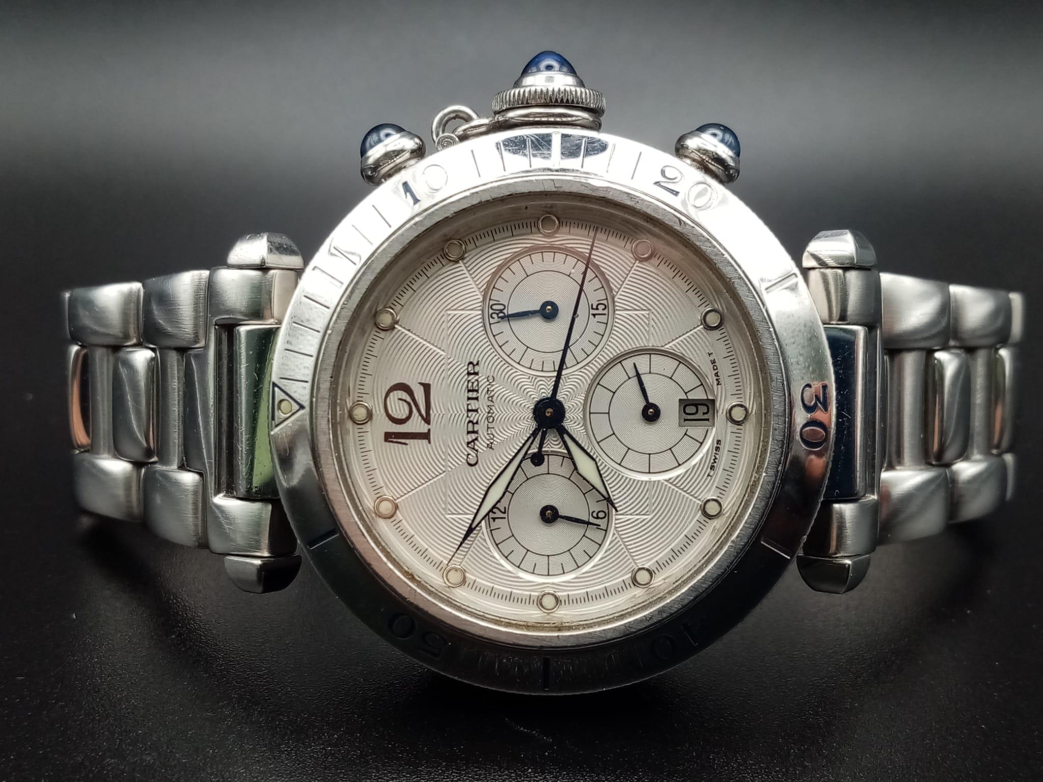 A Cartier Pasha Automatic Gents Chronograph Watch. Stainless steel strap and case - 38mm. White dial - Image 4 of 10