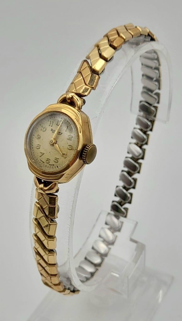 A Vintage Rotary 9K Yellow Gold Cased Ladies Watch. Expandable strap. Mechanical movement. A/F. - Image 3 of 5