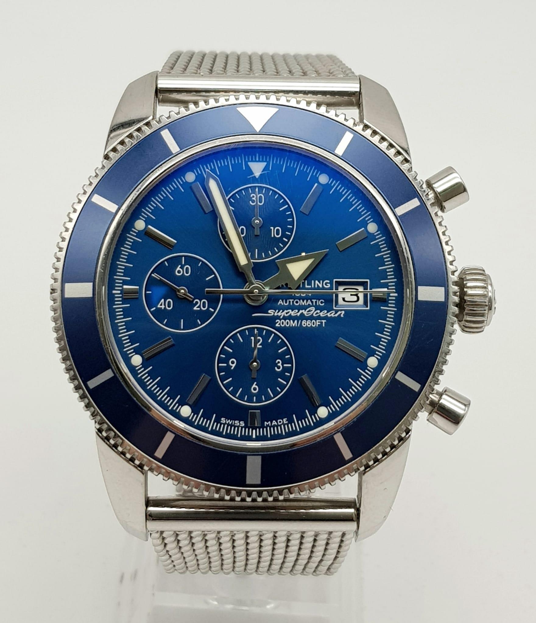 A Breitling Super Ocean Chronograph 200M Gents Diving Watch. Stainless steel mesh strap. Stainless