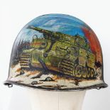 WW2 US Fixed Bale Helmet that was found in the Ardennes near St Vith. It has been hand painted as