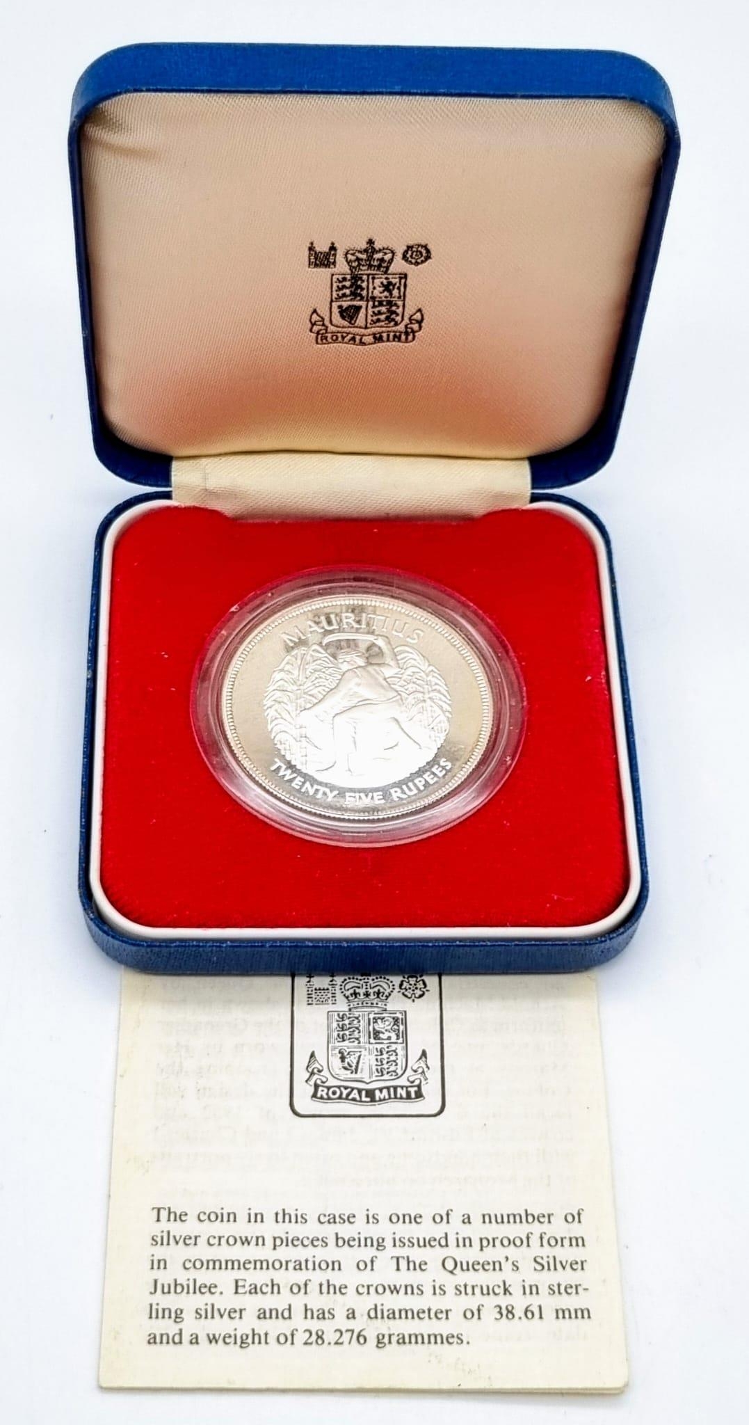 A Mauritius 25 Rupees Commemorative Proof Silver Crown - celebrating Queen Elizabeth II Jubilee.