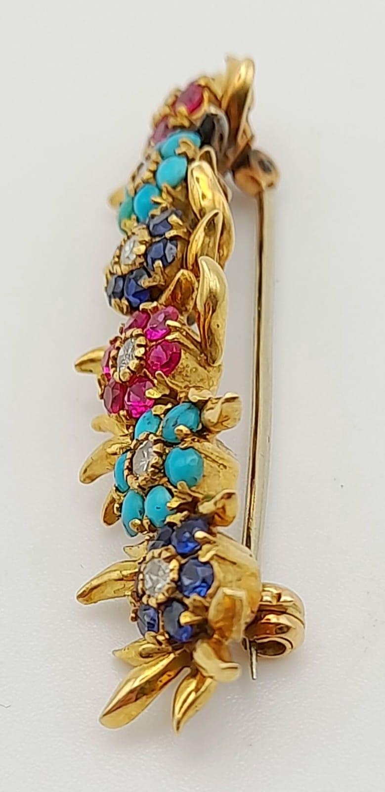 A Beautifully Crafted Antique High Karat Gold, Ruby, Turquoise, Sapphire and Diamond Bar Pin/Brooch. - Image 3 of 7