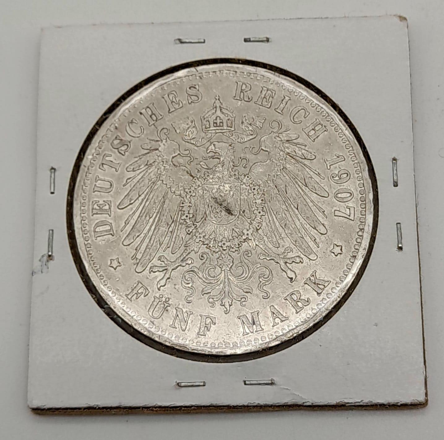 A silver Prussian 1907 Wilhelm II, 5 Mark Coin, please see photos for condition