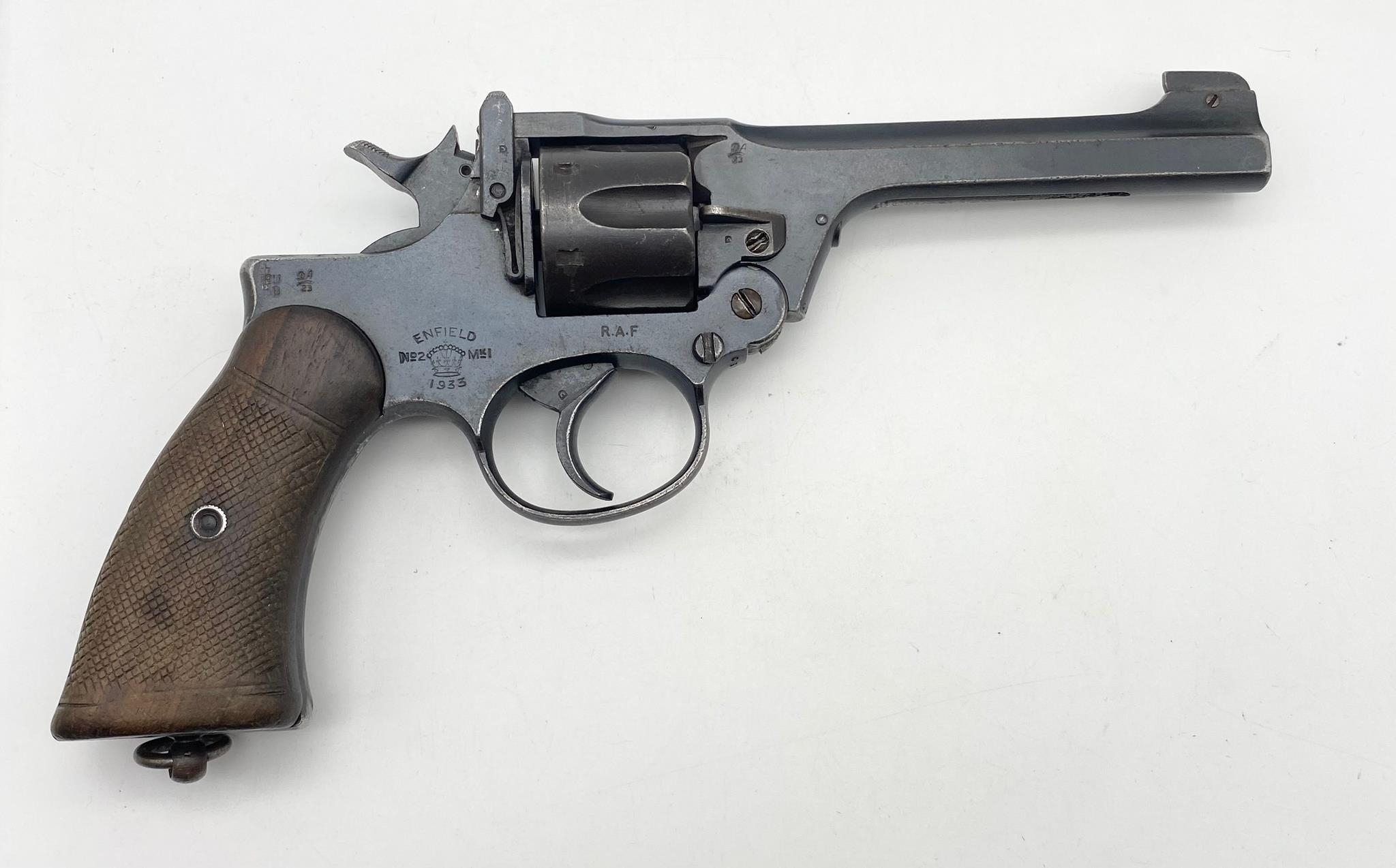 A Deactivated 1933 Enfield No2, Mark 1 Service Revolver Pistol. 38 calibre. RAF and makers marks
