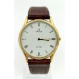 An Omega Deville Quartz Gents Mid-Size watch. Brown leather strap. Two tone case - 30mm. White dial.