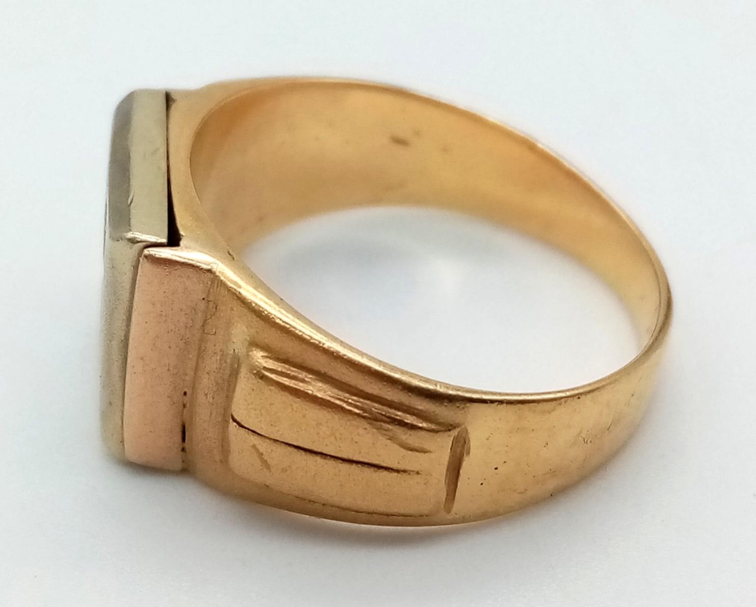An 18K Yellow Gold, Platinum and Diamond Signet Ring. The letter H is spelled out with 12 - Image 3 of 4