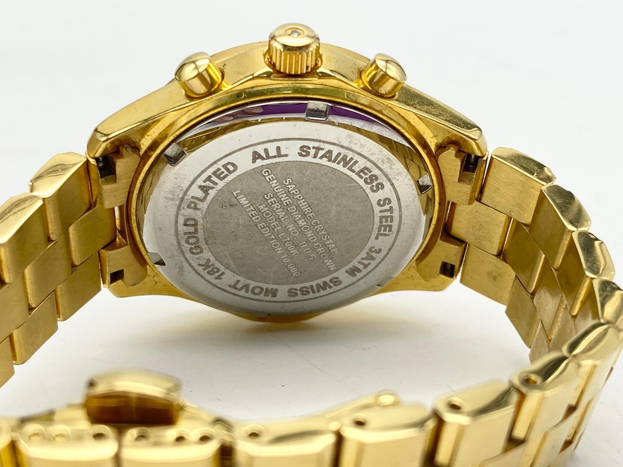 Excellent Condition Limited Edition London Diamond Company 18 carat Gold Plated Chronograph Watch. - Image 3 of 4