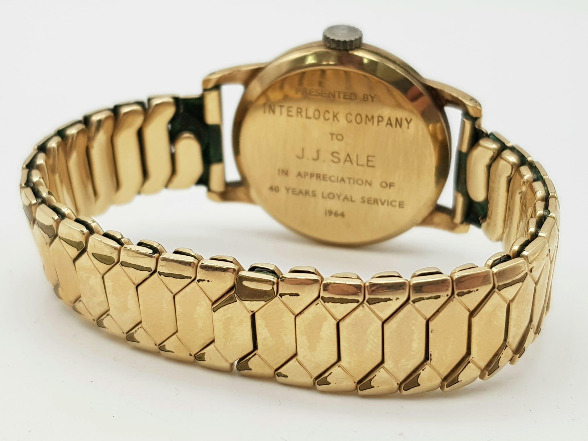 A Vintage 9K Gold Cased Vertex Revue Watch. Inscription on back - 40 years service. Expandable - Image 4 of 5