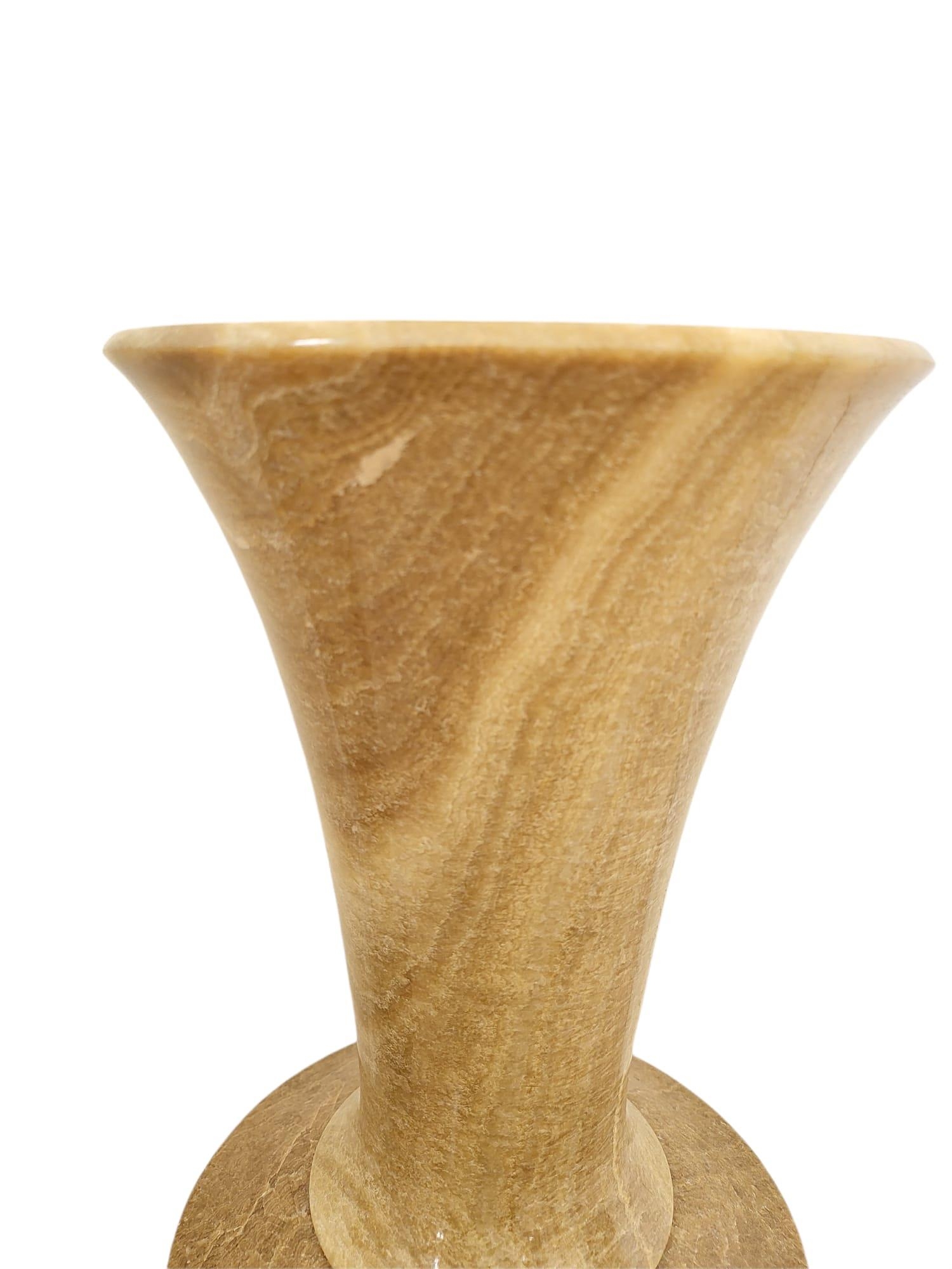 A Pair of Large Beige Polished Stone Vases. Both on dark wooden stands. 56cm tall. 20cm width. - Image 5 of 7