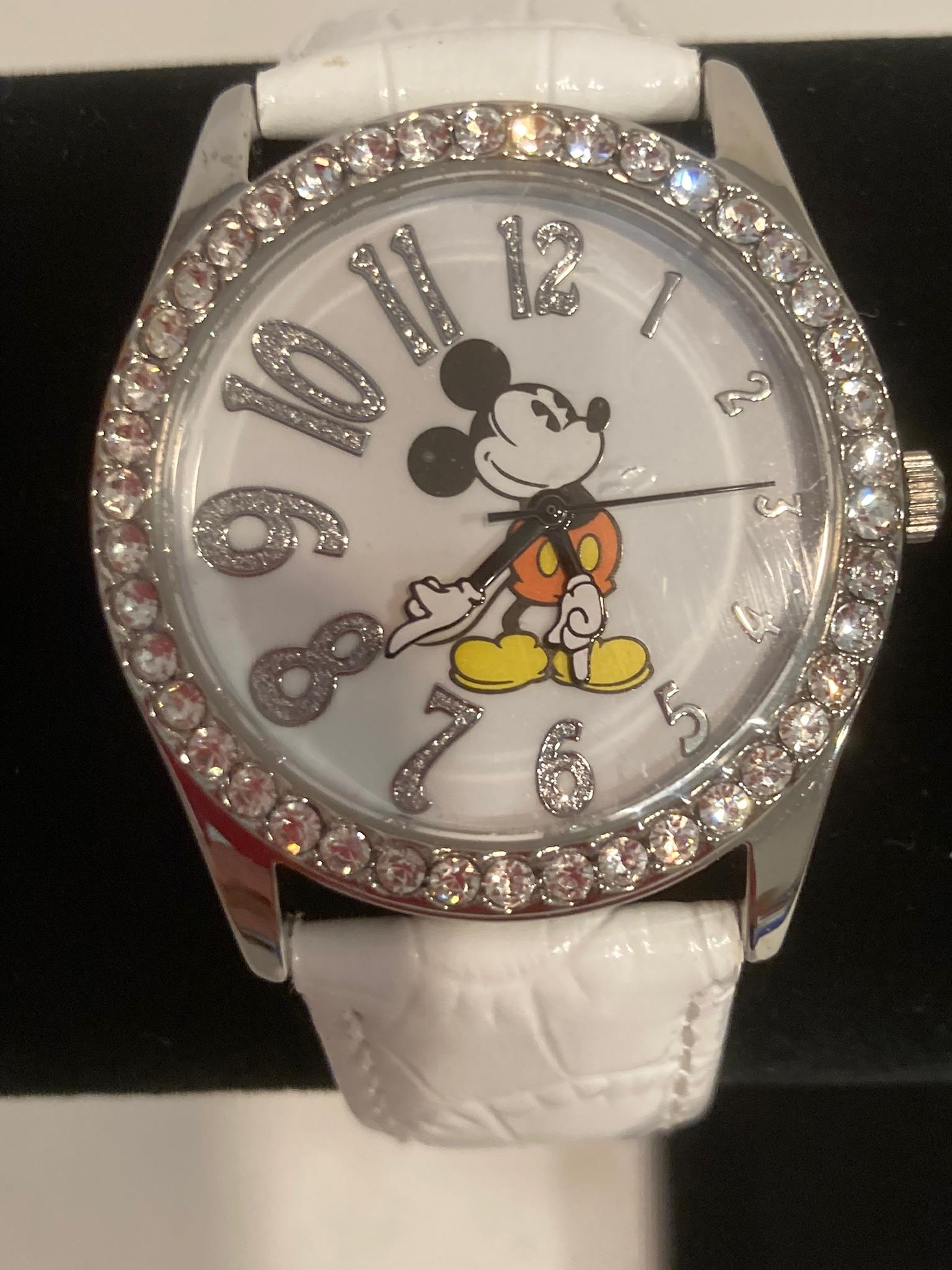 White face MICKEY MOUSE WRISTWATCH with jewelled bezel. Quartz movement .White leather strap. Full - Image 2 of 2