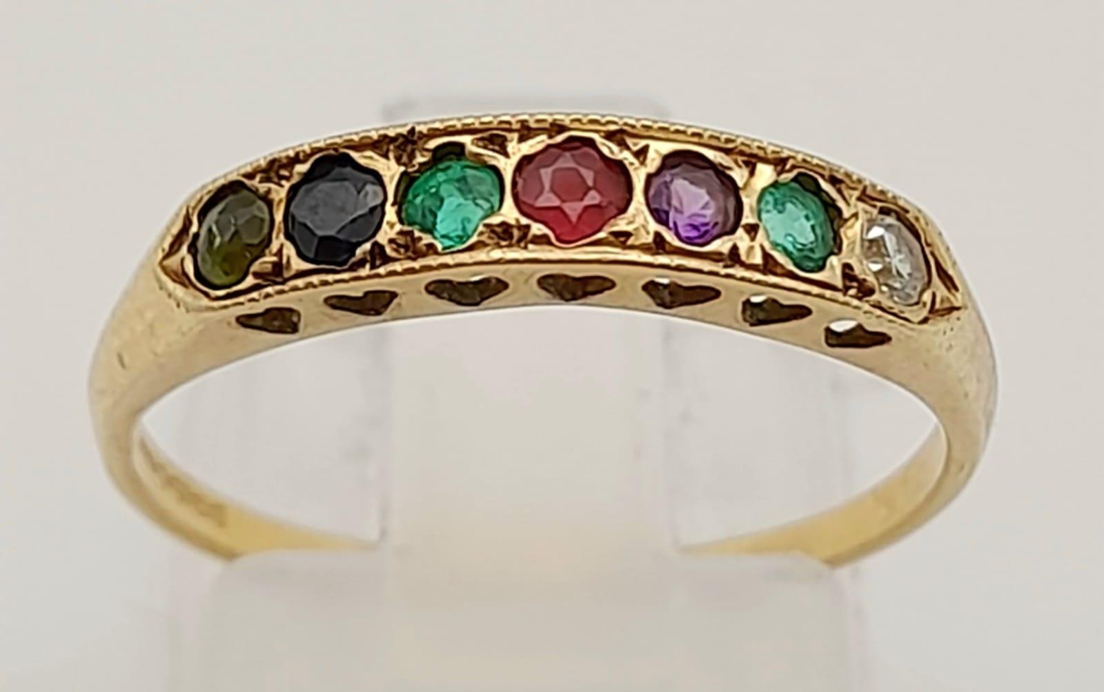 9k Yellow Gold Dearest Ring, Diamond, Emerald, Amethyst, Ruby, Sapphire and Topaz. Size O, weighs