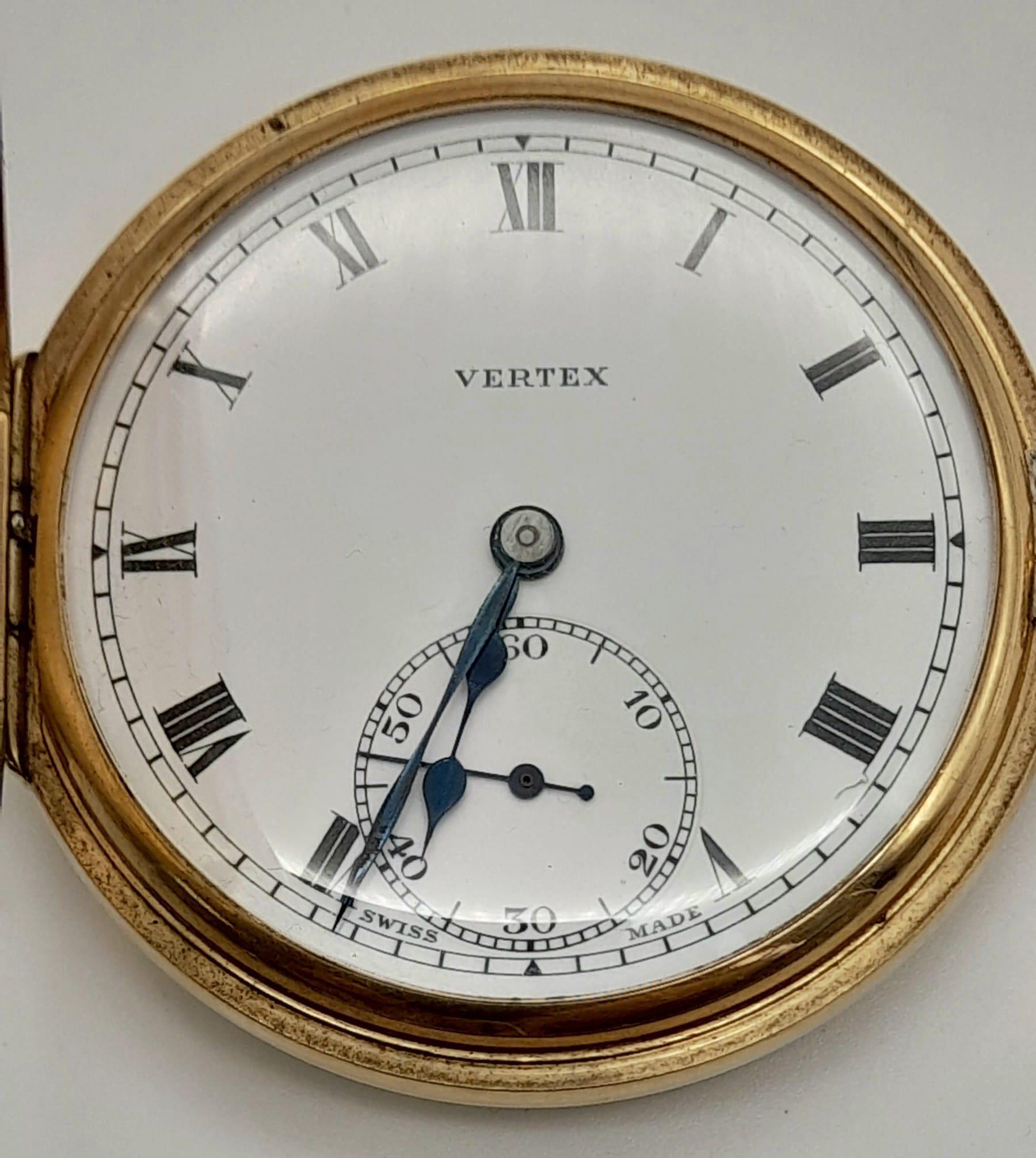 A Vintage Vertex Half Hunter 9K Gold Cased Pocket Watch. Top winder. White dial with sub second - Image 3 of 6