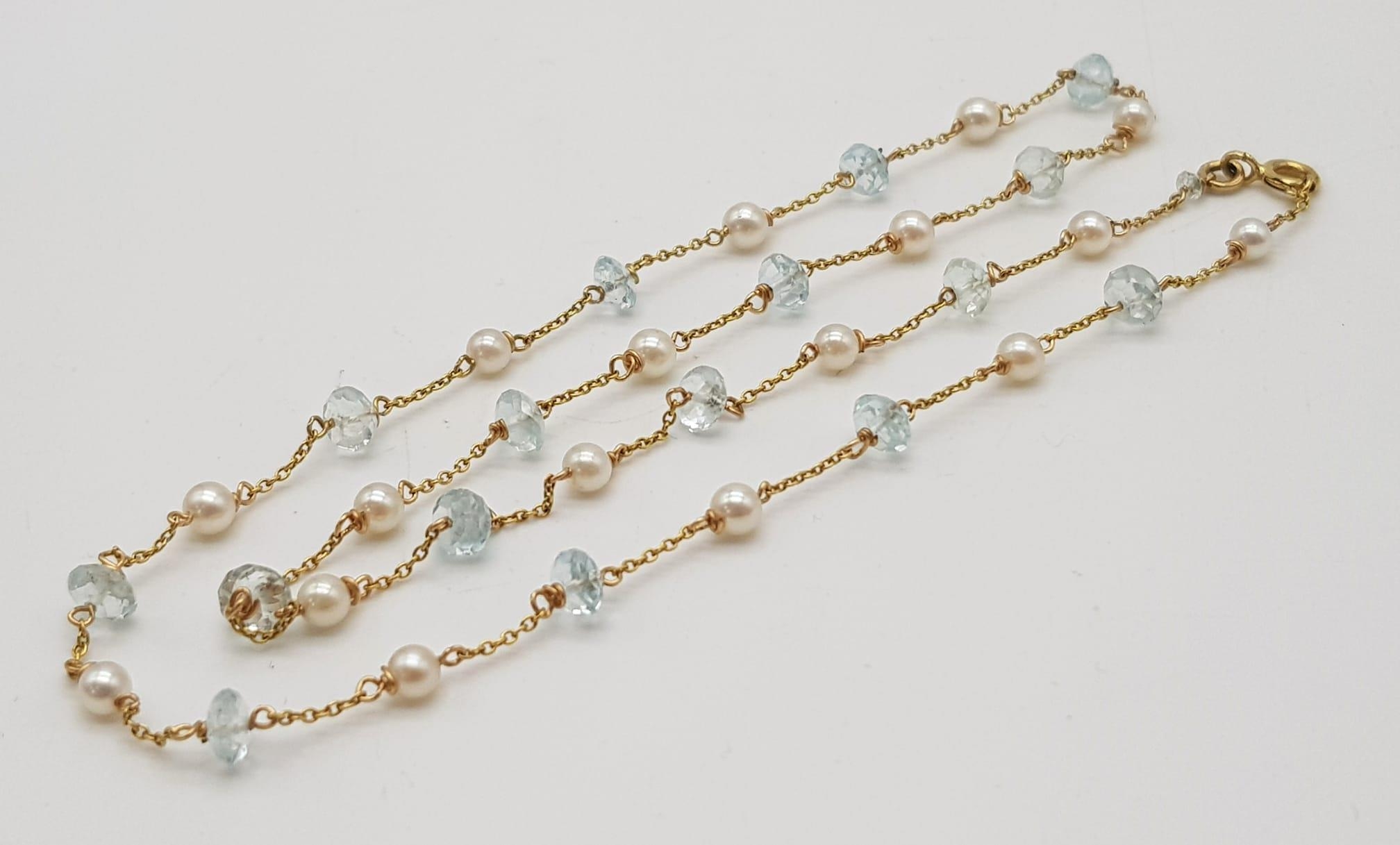 A Vintage Seed Pearl and White Quartz 14K Yellow Gold Necklace. 4.5g total weight. 44cm. - Image 3 of 4