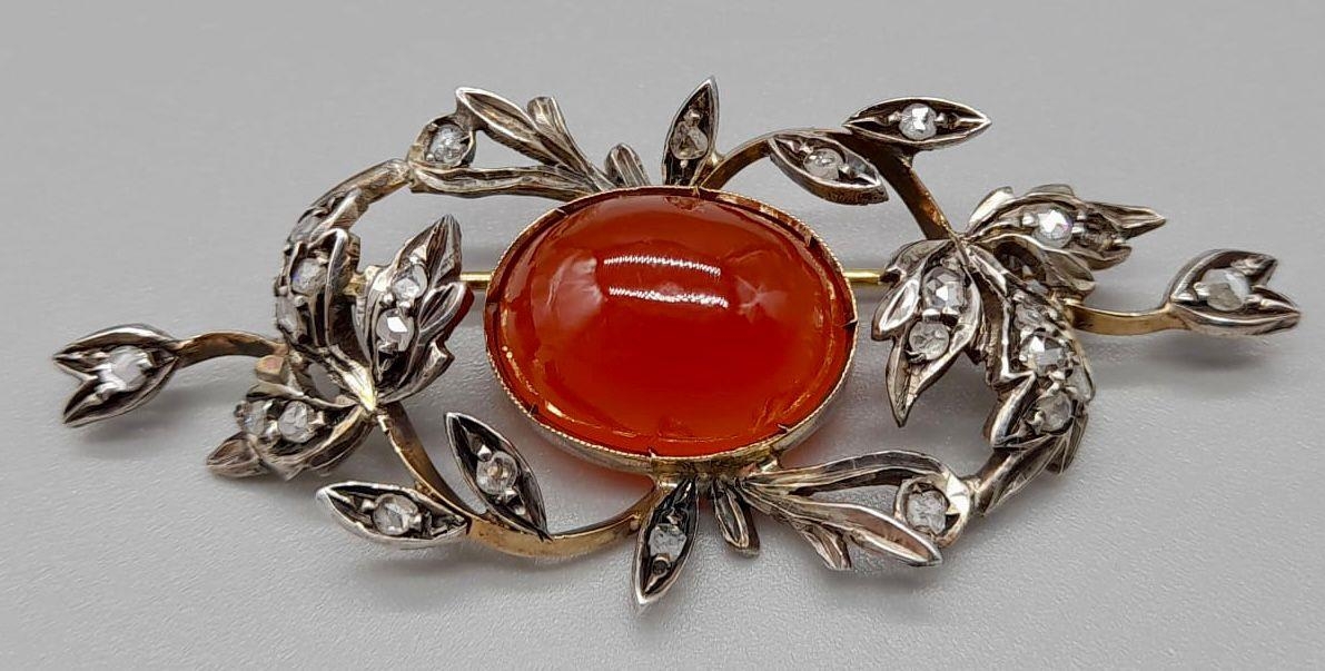 An Antique Victorian 15K Yellow Gold Rose Cut Diamond Carnelian Brooch. Large central cut