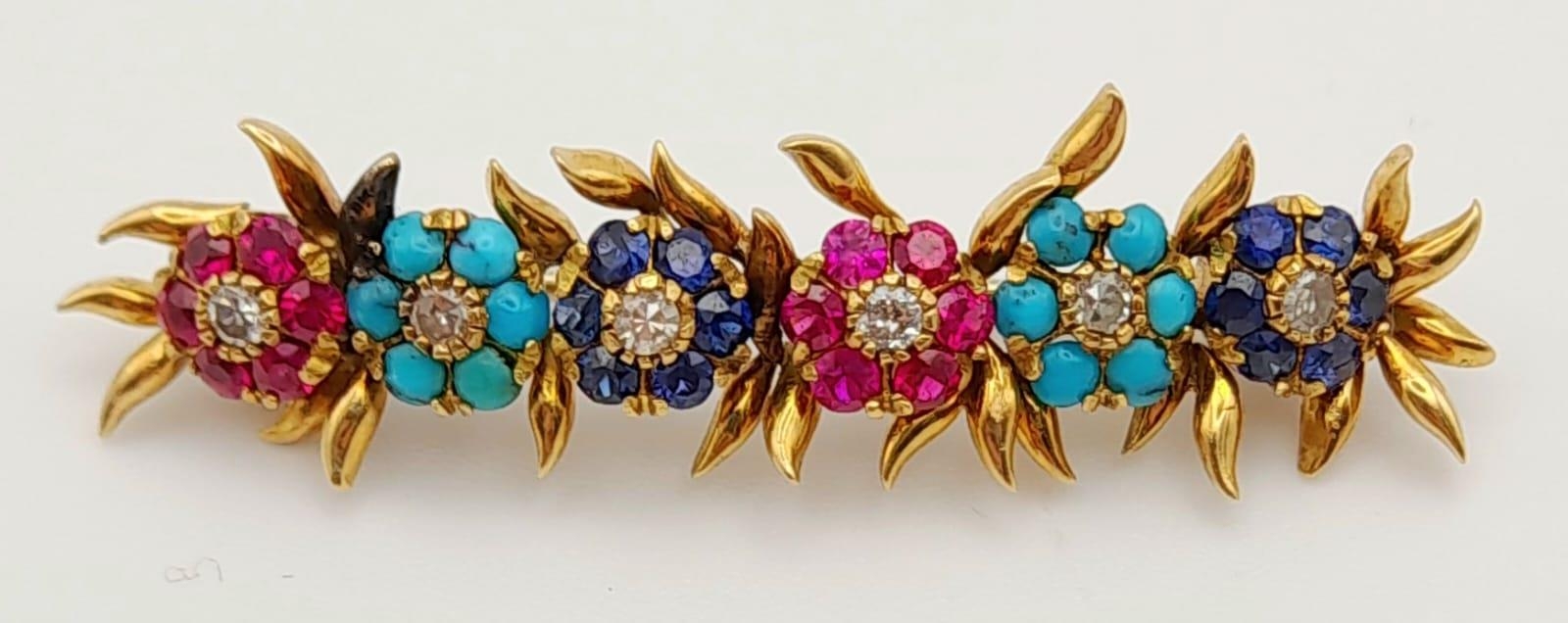 A Beautifully Crafted Antique High Karat Gold, Ruby, Turquoise, Sapphire and Diamond Bar Pin/Brooch.