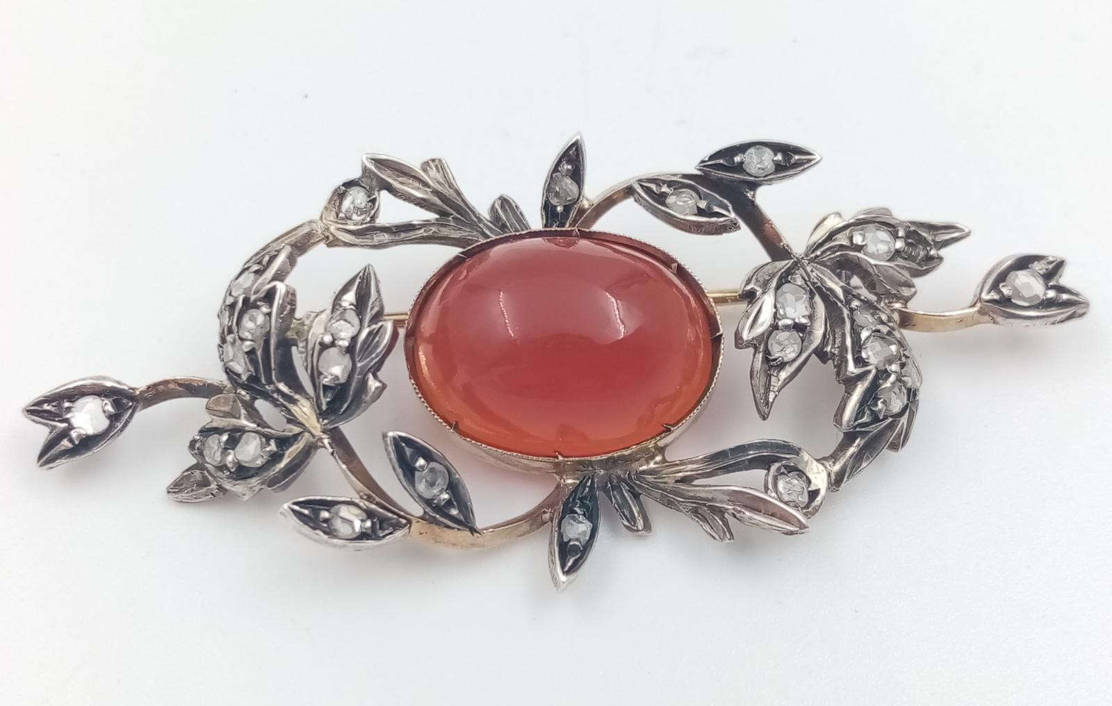 An Antique Victorian 15K Yellow Gold Rose Cut Diamond Carnelian Brooch. Large central cut - Image 4 of 14