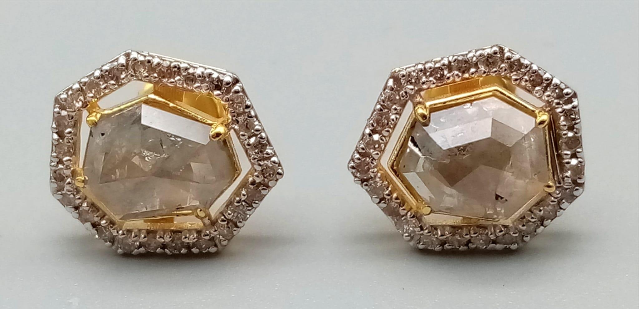 A 2.30ct Pair of Yellow Diamond Stud Earrings in 14k Gold -with .40ct Diamond Accents. 3.1g total - Image 2 of 5