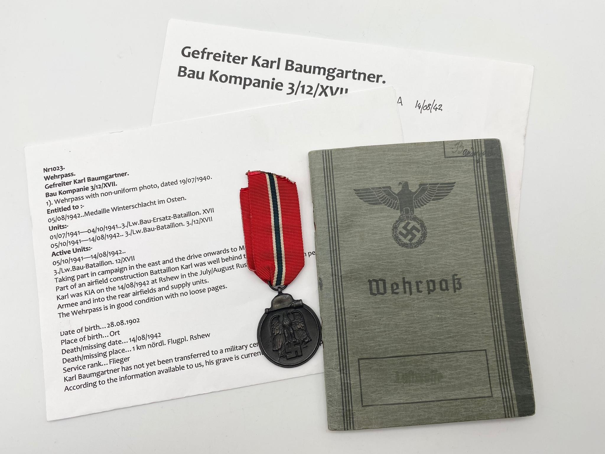 WW2 German Luftwaffe Wehrpass/Service Book and Eastern Front Medal. The service book named to one