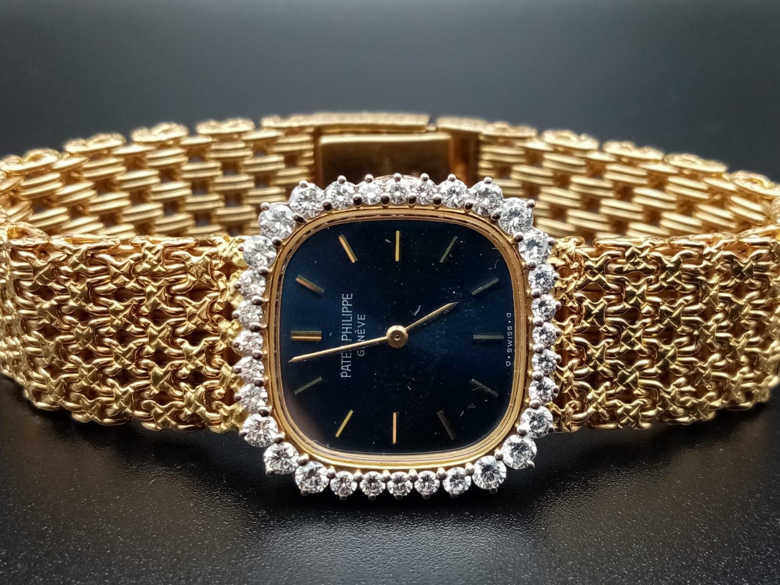 A Patek Phillipe Classic 18K Gold and Diamond Ladies Watch. Woven gold bracelet. Gold case - 24mm. - Image 4 of 11