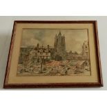 An original watercolour and ink picture of a bustling market town, artist unknown, frame size 50 x